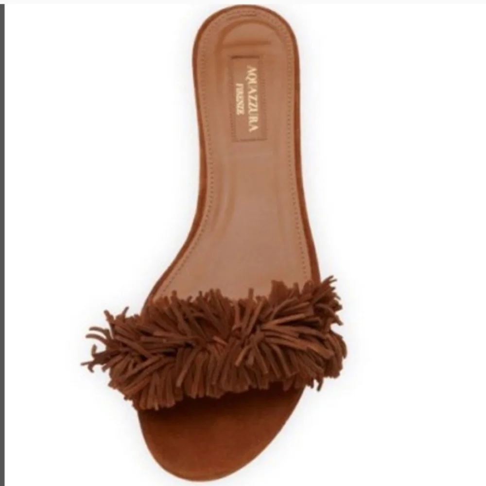 Aquazzura Italy Wild Thing Suede Flats Luxury Slide Sandals Brown EU 37